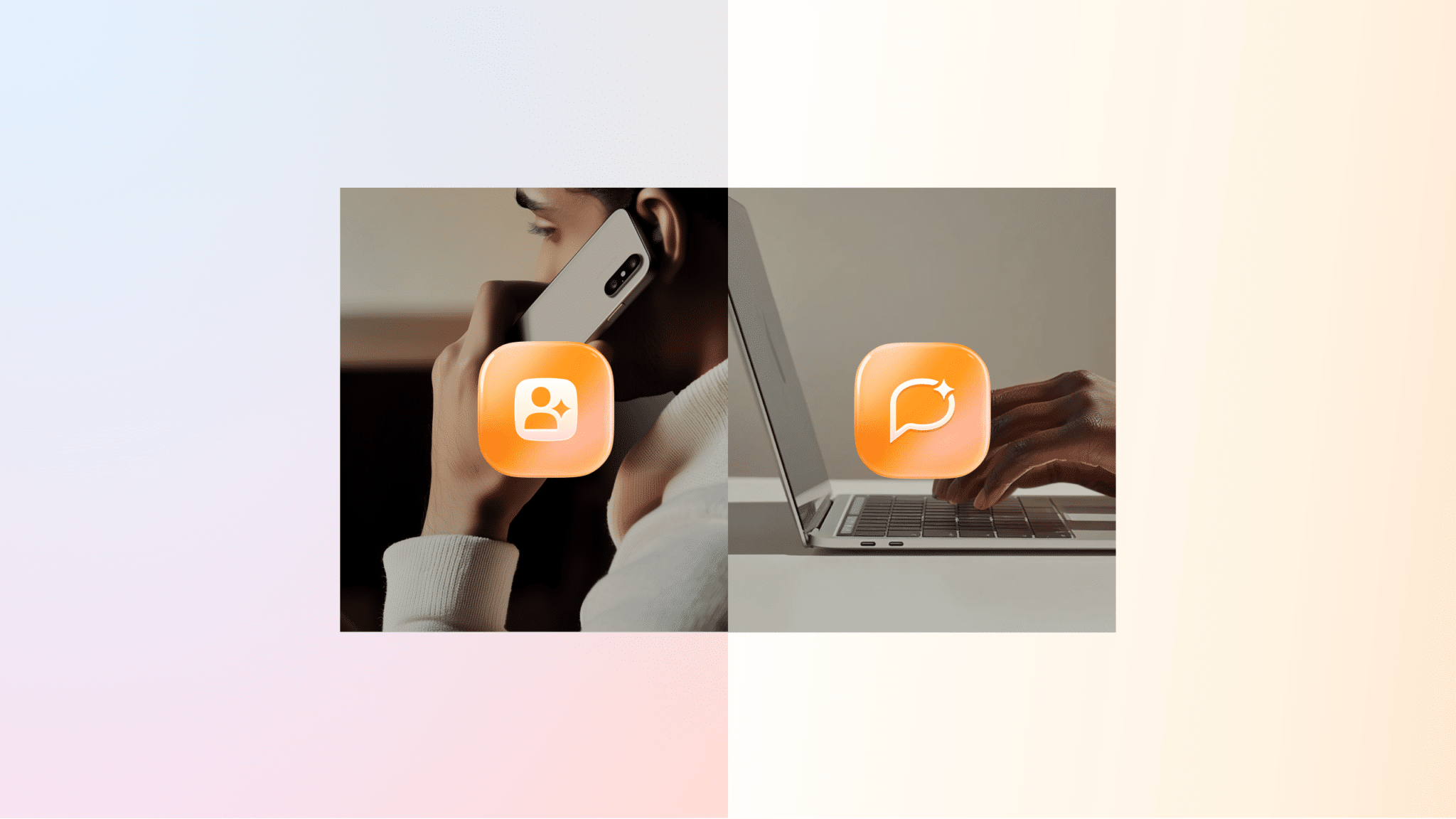 Side by side pic of a person on a call on his mobile phone and someone typing on their laptop representing ai voice vs chatbot